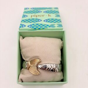Piper K Fish Hinged Bangle Cuff Bracelet Two Tone Silver Gold Nautical Crystal